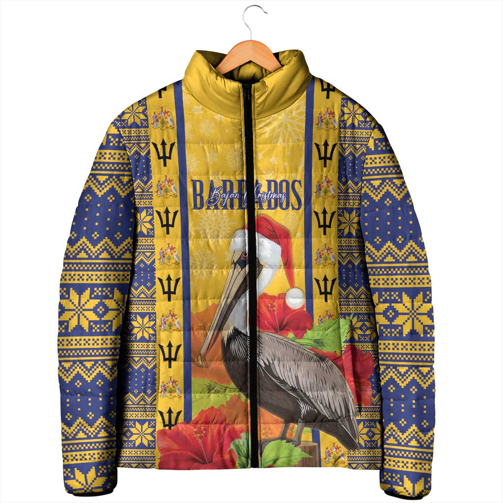 Personalized Barbados Christmas Padded Jacket Bajan Xmas Brown Pelican Santa - Wonder Print Shop