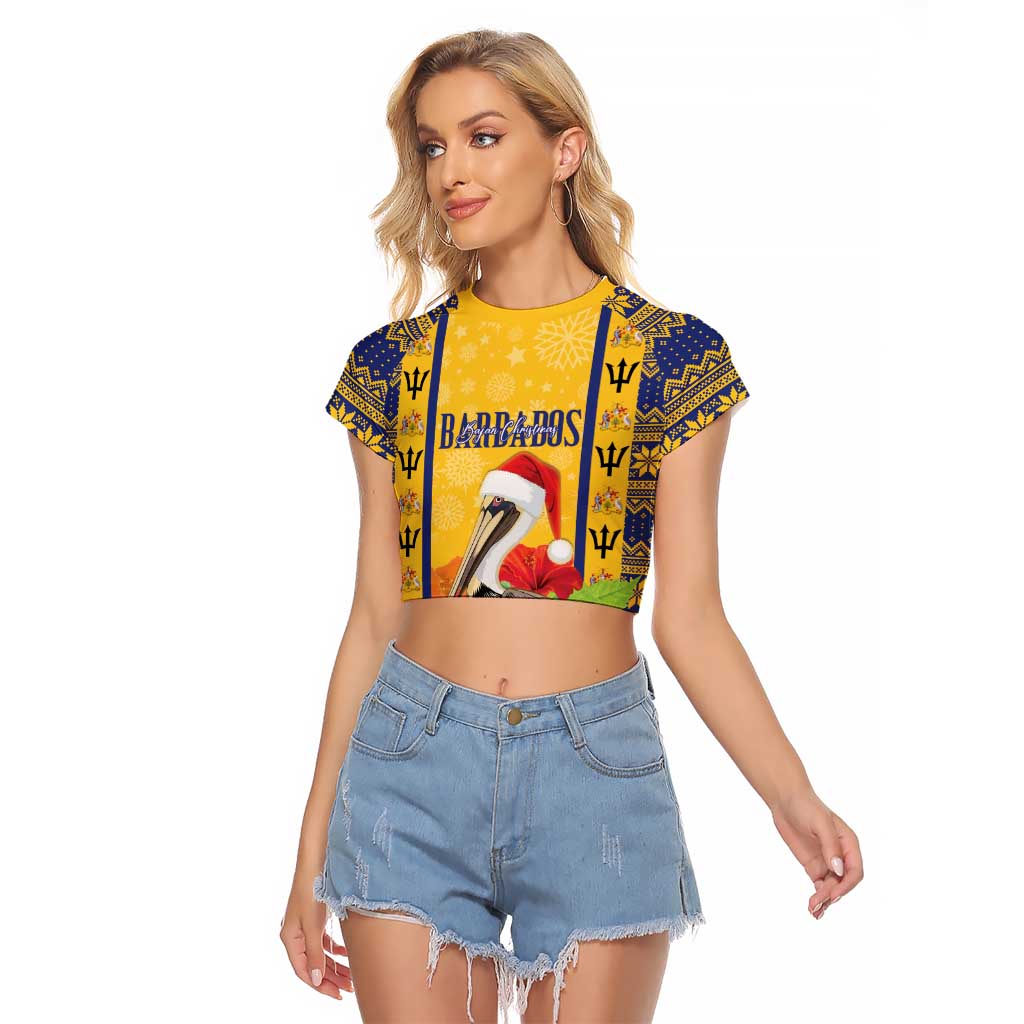 Personalized Barbados Christmas Raglan Cropped T Shirt Bajan Xmas Brown Pelican Santa - Wonder Print Shop