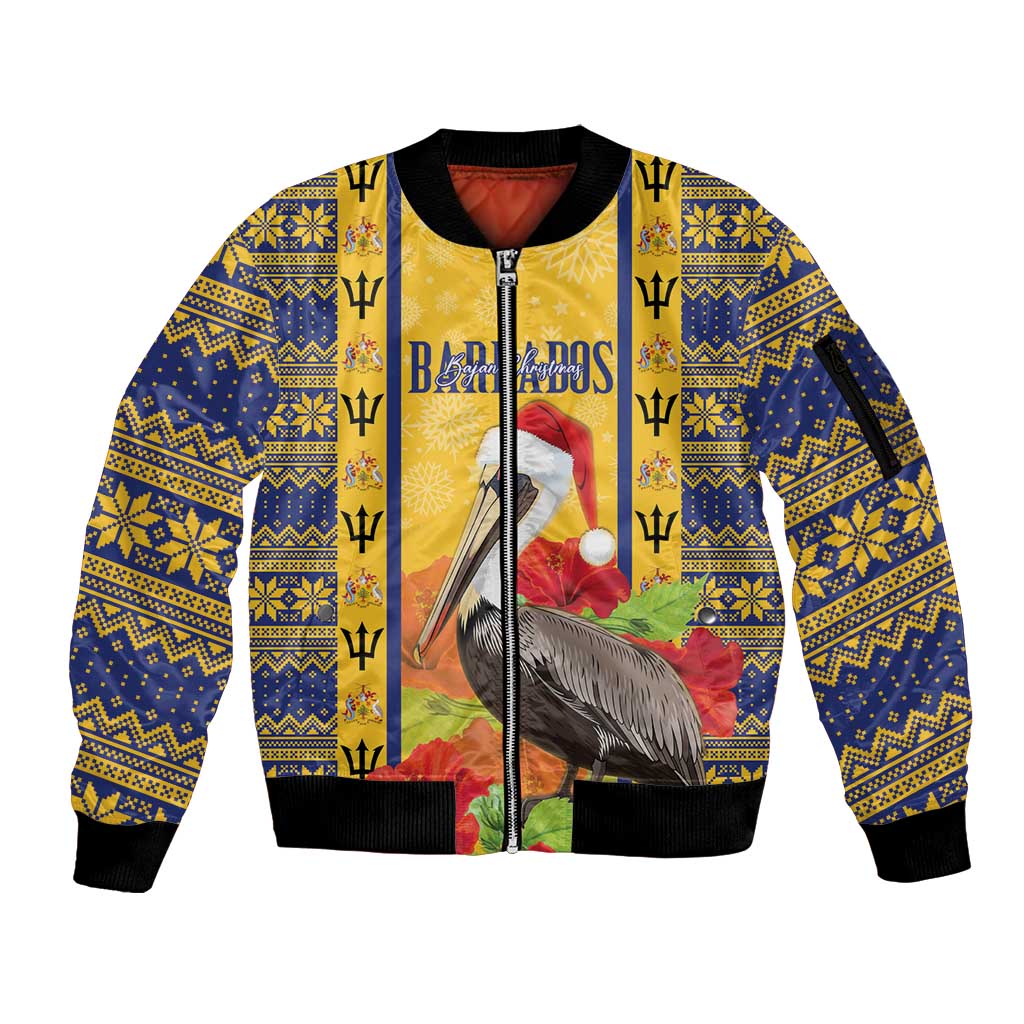 Personalized Barbados Christmas Sleeve Zip Bomber Jacket Bajan Xmas Brown Pelican Santa - Wonder Print Shop