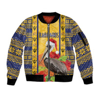 Personalized Barbados Christmas Sleeve Zip Bomber Jacket Bajan Xmas Brown Pelican Santa - Wonder Print Shop