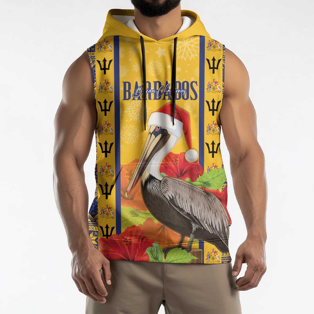 Personalized Barbados Christmas Sleeveless Hoodie Bajan Xmas Brown Pelican Santa - Wonder Print Shop
