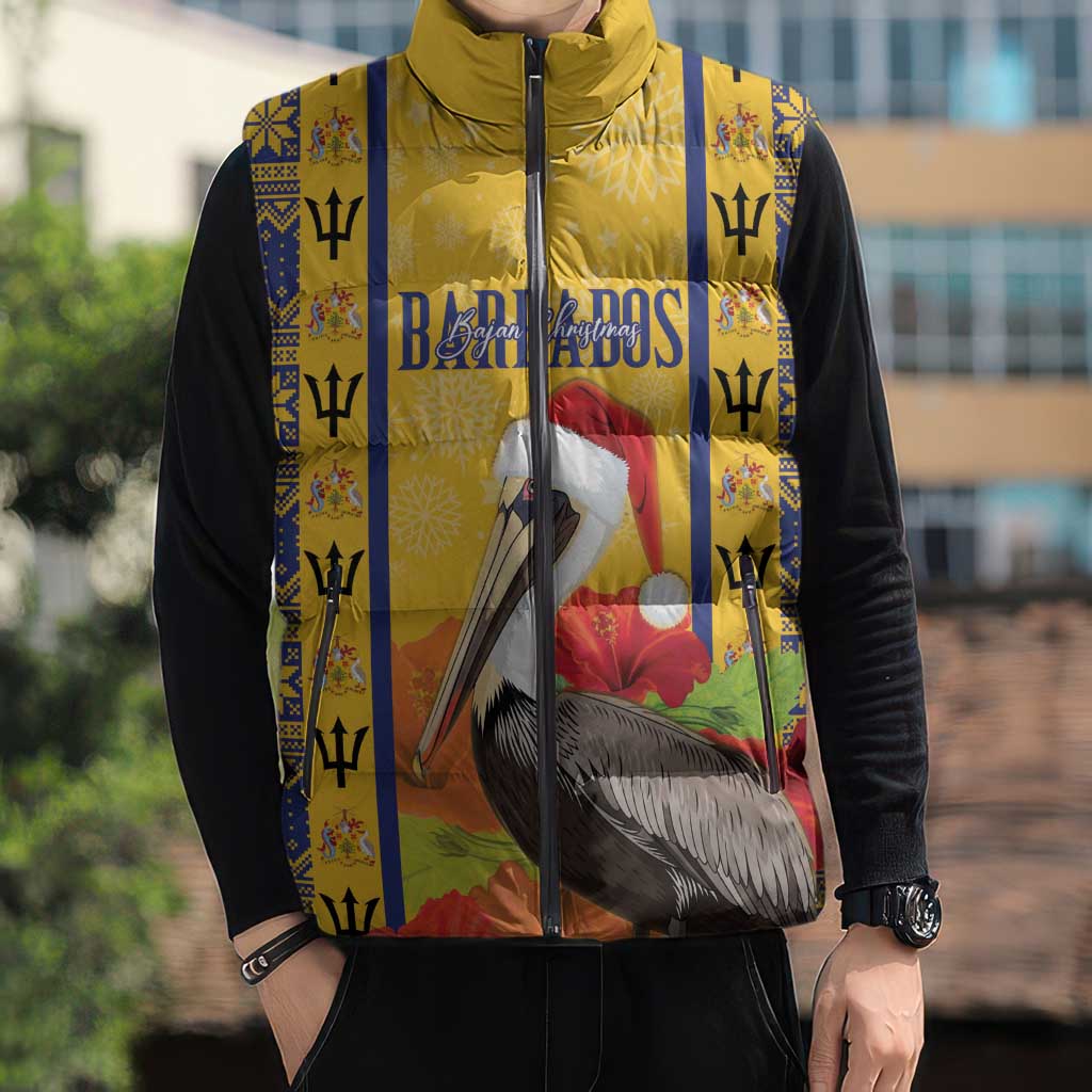 Personalized Barbados Christmas Sleeveless Puffer Jacket Bajan Xmas Brown Pelican Santa - Wonder Print Shop