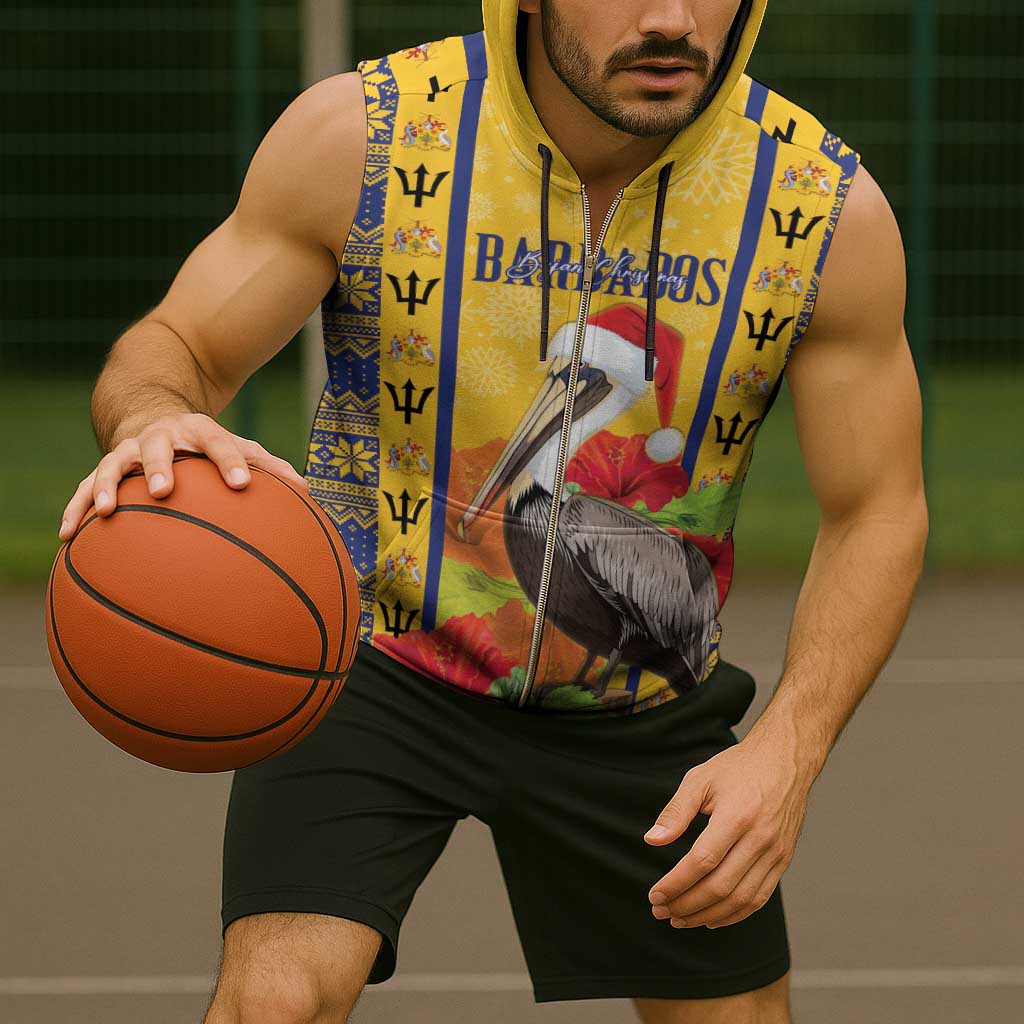 Personalized Barbados Christmas Sleeveless Zip Hoodie Bajan Xmas Brown Pelican Santa - Wonder Print Shop