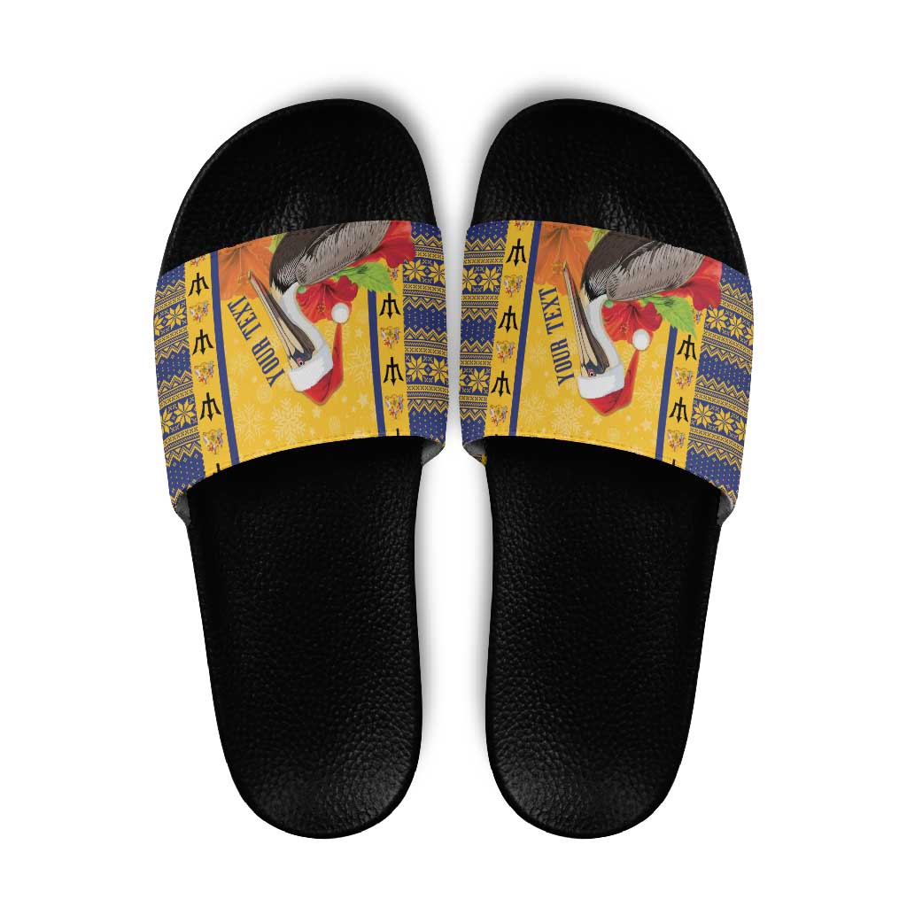 Personalized Barbados Christmas Slide Sandals Bajan Xmas Brown Pelican Santa - Wonder Print Shop