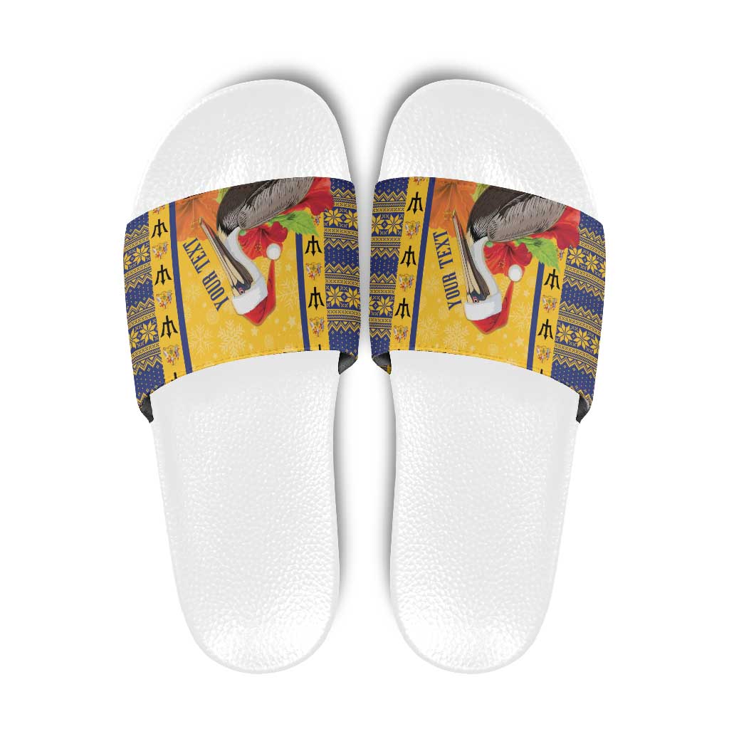 Personalized Barbados Christmas Slide Sandals Bajan Xmas Brown Pelican Santa - Wonder Print Shop
