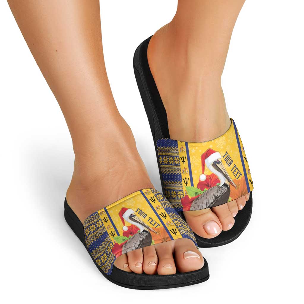 Personalized Barbados Christmas Slide Sandals Bajan Xmas Brown Pelican Santa - Wonder Print Shop