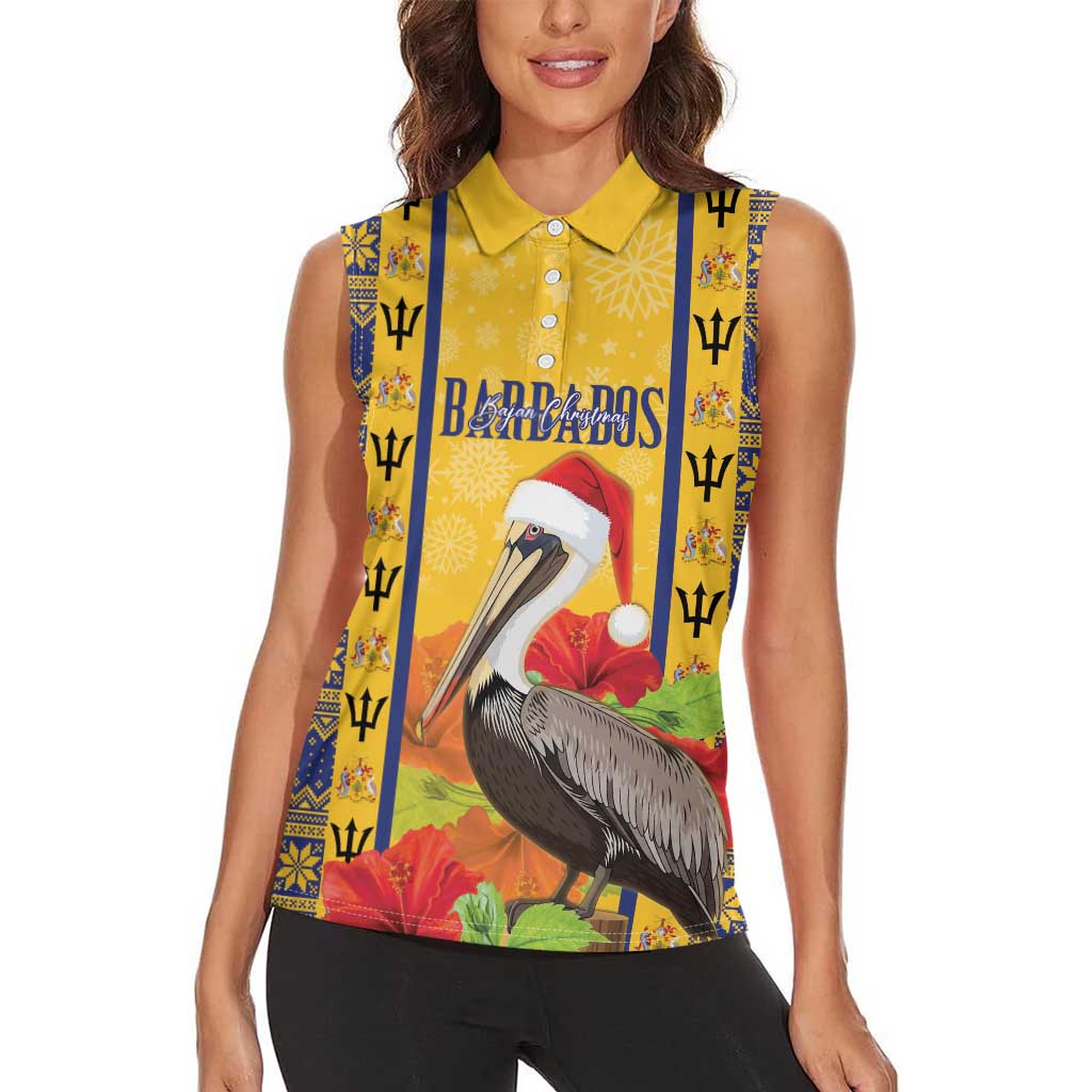 Personalized Barbados Christmas Women Sleeveless Polo Shirt Bajan Xmas Brown Pelican Santa - Wonder Print Shop