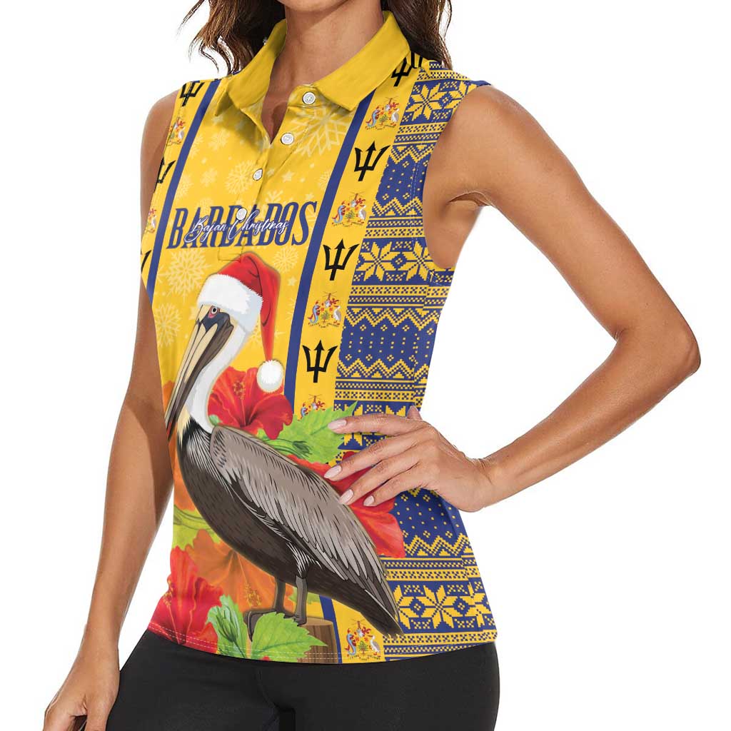 Personalized Barbados Christmas Women Sleeveless Polo Shirt Bajan Xmas Brown Pelican Santa - Wonder Print Shop