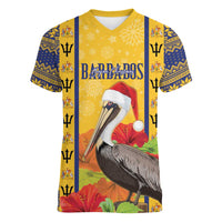 Personalized Barbados Christmas Women V-Neck T-Shirt Bajan Xmas Brown Pelican Santa - Wonder Print Shop