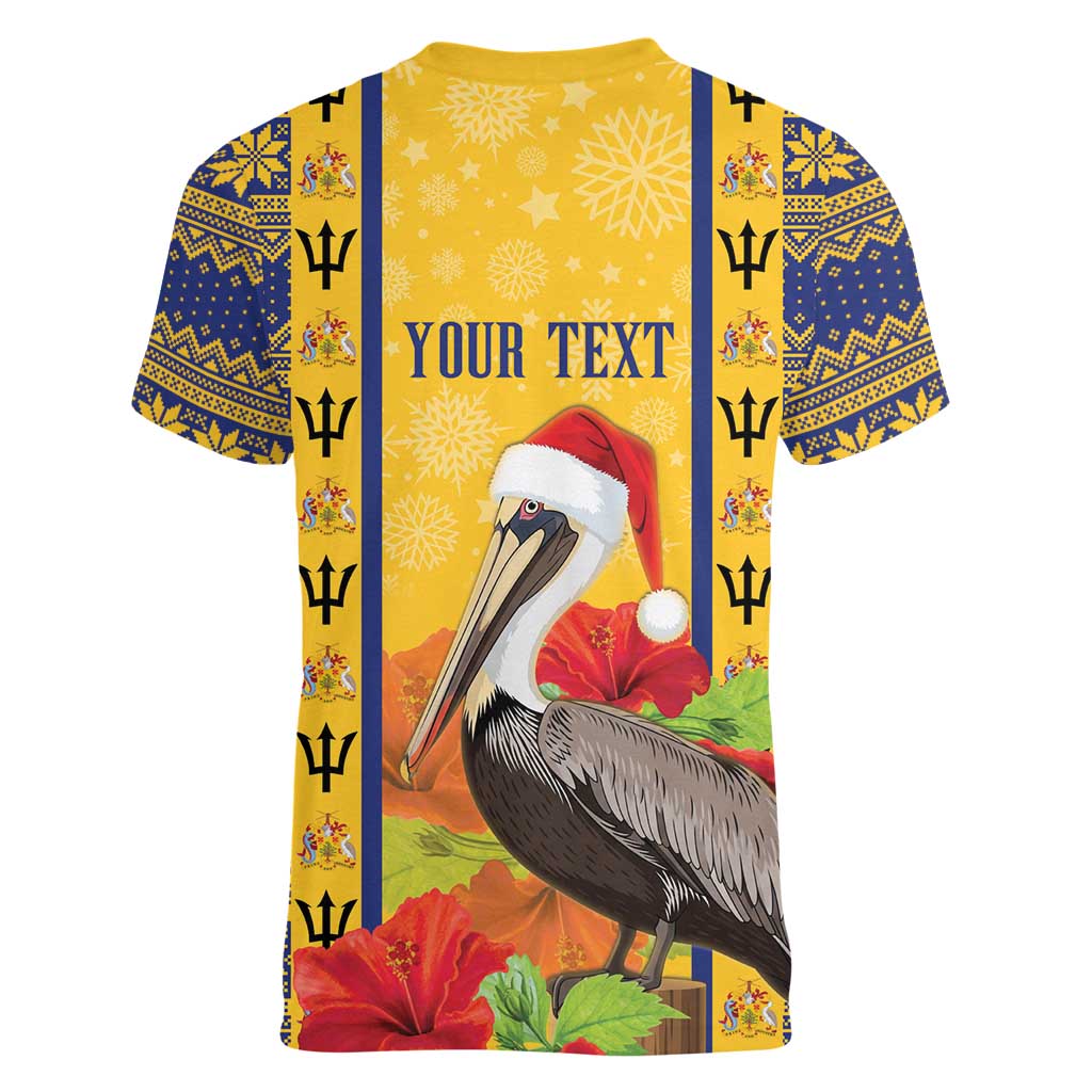 Personalized Barbados Christmas Women V-Neck T-Shirt Bajan Xmas Brown Pelican Santa - Wonder Print Shop