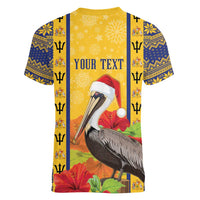 Personalized Barbados Christmas Women V-Neck T-Shirt Bajan Xmas Brown Pelican Santa - Wonder Print Shop