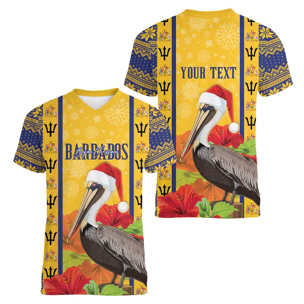 Personalized Barbados Christmas Women V-Neck T-Shirt Bajan Xmas Brown Pelican Santa - Wonder Print Shop