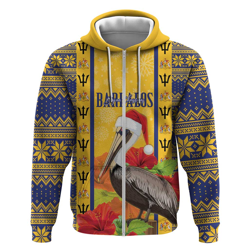 Personalized Barbados Christmas Zip Hoodie Bajan Xmas Brown Pelican Santa - Wonder Print Shop