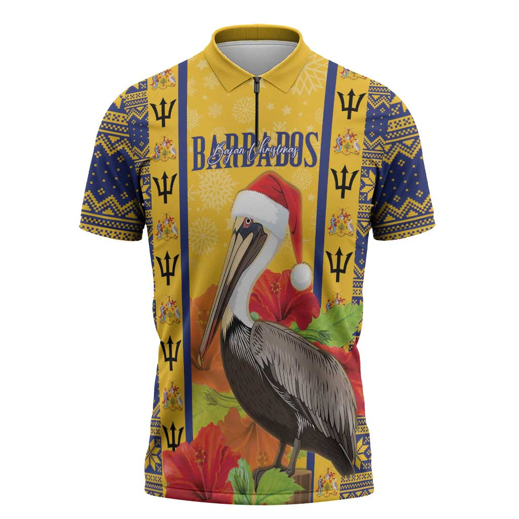 Personalized Barbados Christmas Zipper Polo Shirt Bajan Xmas Brown Pelican Santa - Wonder Print Shop