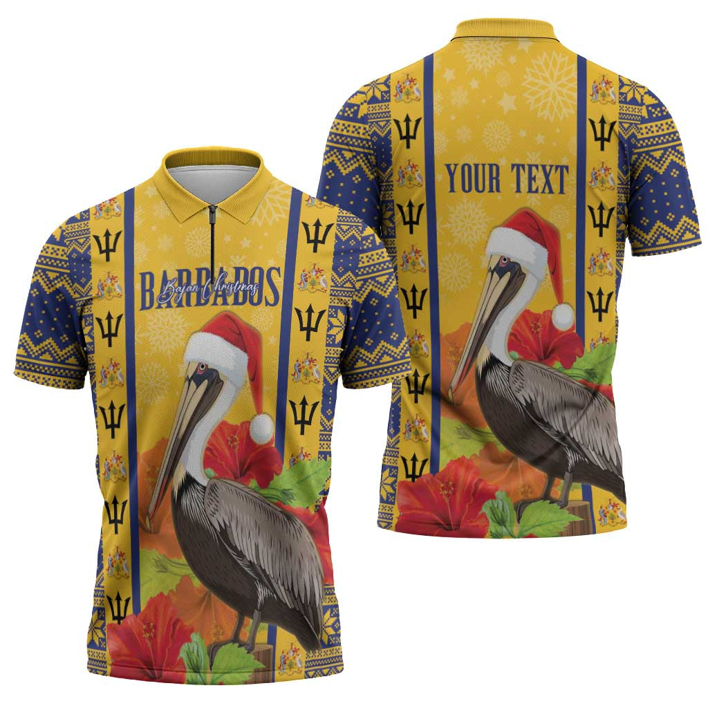 Personalized Barbados Christmas Zipper Polo Shirt Bajan Xmas Brown Pelican Santa - Wonder Print Shop