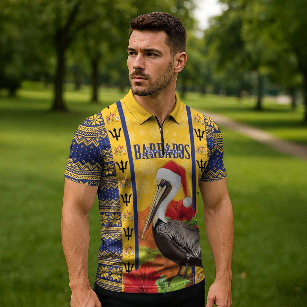 Personalized Barbados Christmas Zipper Polo Shirt Bajan Xmas Brown Pelican Santa - Wonder Print Shop
