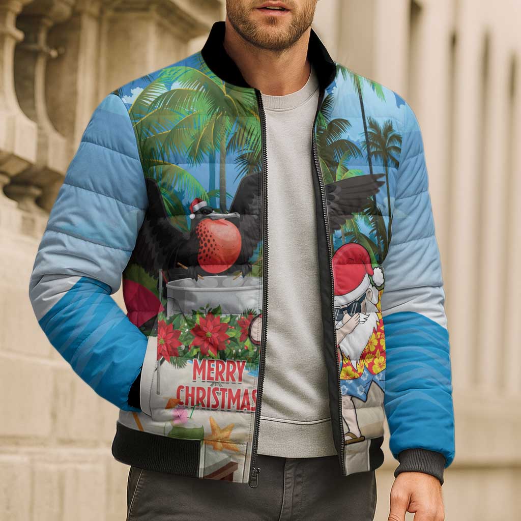 Antigua And Barbuda Christmas Bomber Puffer Jacket Magnificent Frigatebird Dabbing Santa - Wonder Print Shop