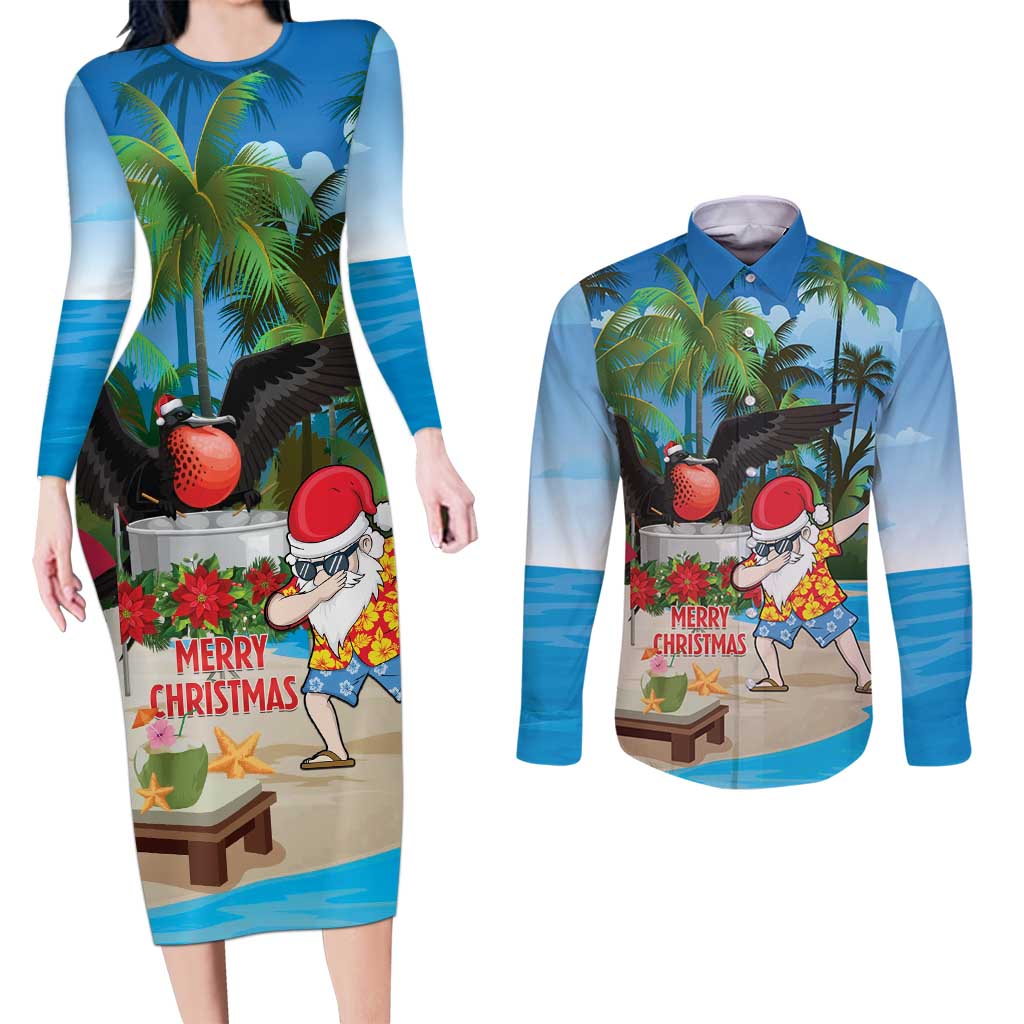 Antigua And Barbuda Christmas Couples Matching Long Sleeve Bodycon Dress and Long Sleeve Button Shirt Magnificent Frigatebird Dabbing Santa - Wonder Print Shop