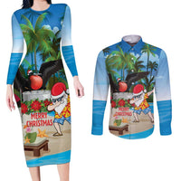 Antigua And Barbuda Christmas Couples Matching Long Sleeve Bodycon Dress and Long Sleeve Button Shirt Magnificent Frigatebird Dabbing Santa - Wonder Print Shop