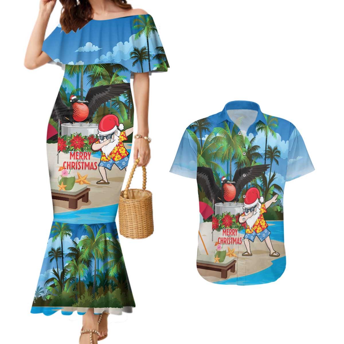 Antigua And Barbuda Christmas Couples Matching Mermaid Dress and Hawaiian Shirt Magnificent Frigatebird Dabbing Santa - Wonder Print Shop
