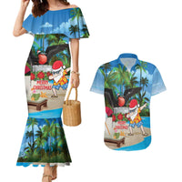 Antigua And Barbuda Christmas Couples Matching Mermaid Dress and Hawaiian Shirt Magnificent Frigatebird Dabbing Santa - Wonder Print Shop