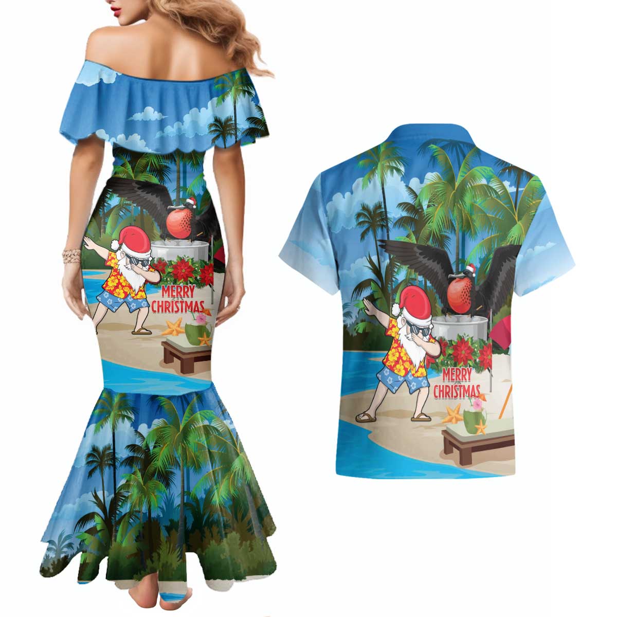 Antigua And Barbuda Christmas Couples Matching Mermaid Dress and Hawaiian Shirt Magnificent Frigatebird Dabbing Santa - Wonder Print Shop