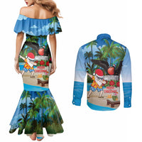 Antigua And Barbuda Christmas Couples Matching Mermaid Dress and Long Sleeve Button Shirt Magnificent Frigatebird Dabbing Santa - Wonder Print Shop