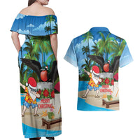 Antigua And Barbuda Christmas Couples Matching Off Shoulder Maxi Dress and Hawaiian Shirt Magnificent Frigatebird Dabbing Santa - Wonder Print Shop