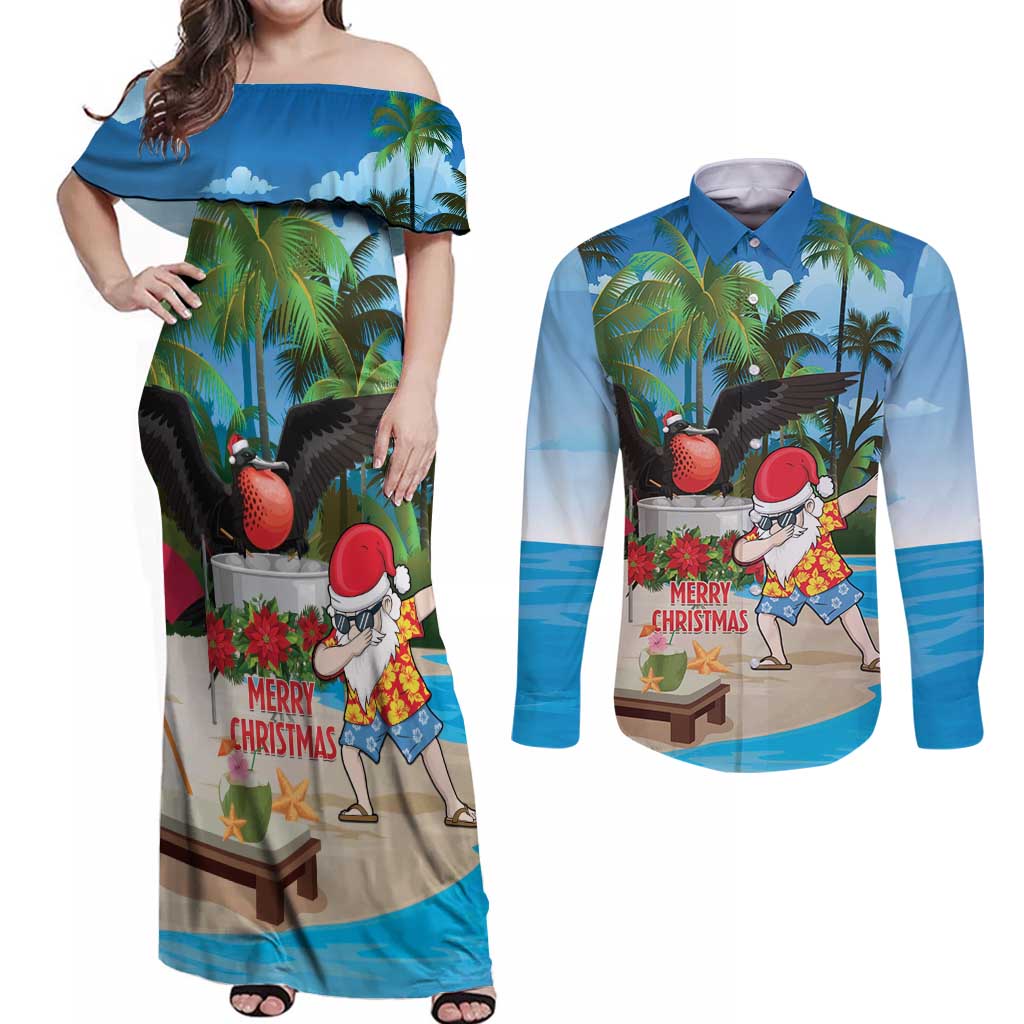 Antigua And Barbuda Christmas Couples Matching Off Shoulder Maxi Dress and Long Sleeve Button Shirt Magnificent Frigatebird Dabbing Santa - Wonder Print Shop