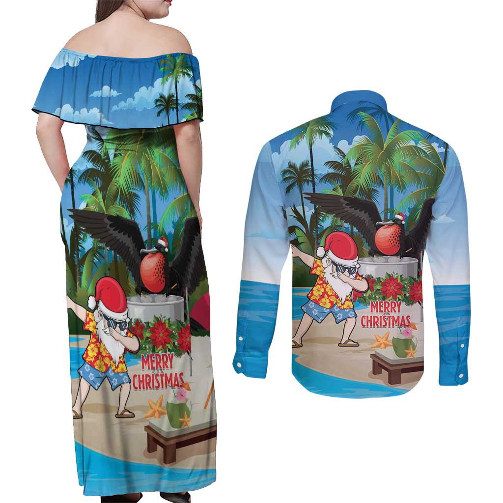 Antigua And Barbuda Christmas Couples Matching Off Shoulder Maxi Dress and Long Sleeve Button Shirt Magnificent Frigatebird Dabbing Santa - Wonder Print Shop