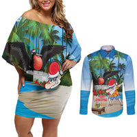 Antigua And Barbuda Christmas Couples Matching Off Shoulder Short Dress and Long Sleeve Button Shirt Magnificent Frigatebird Dabbing Santa - Wonder Print Shop