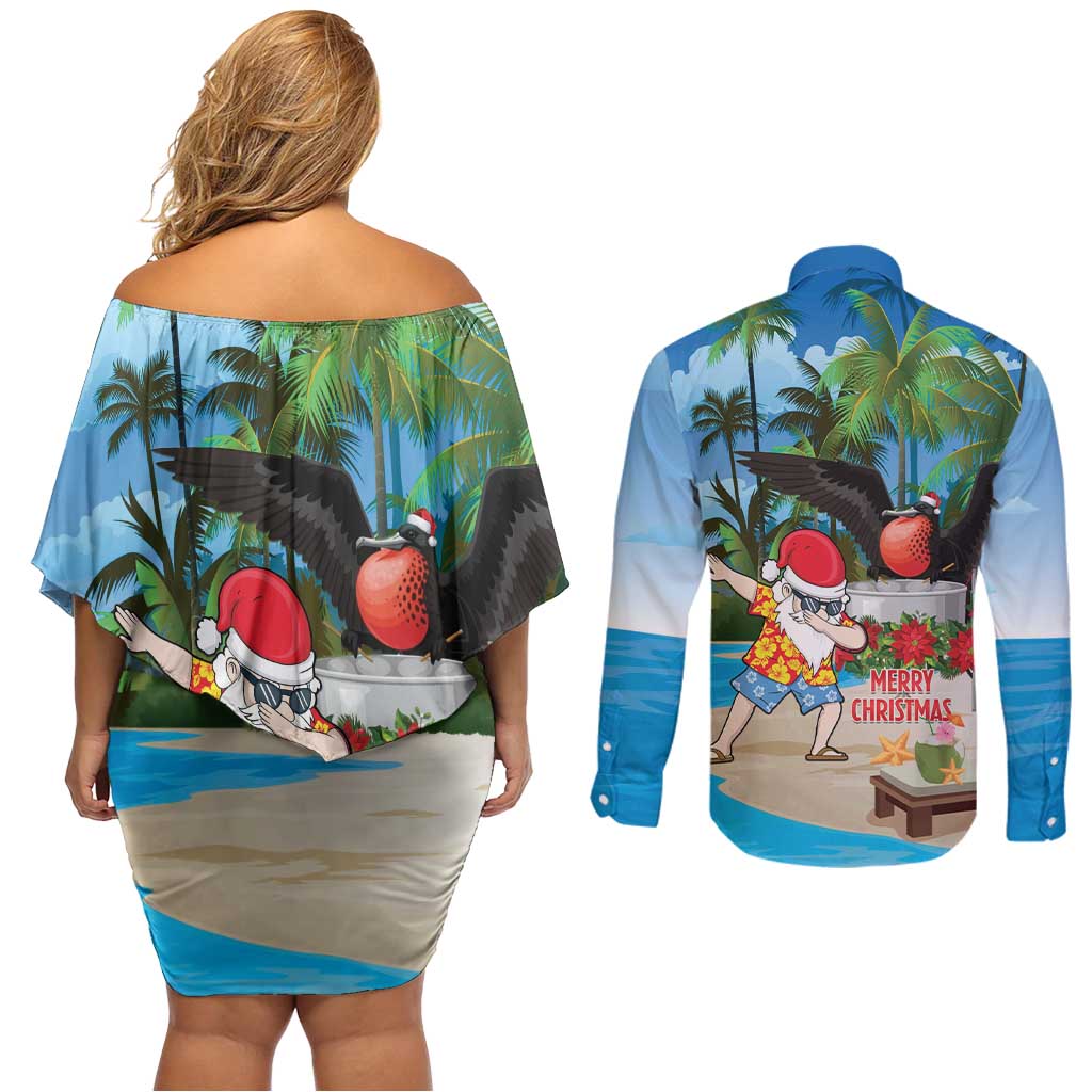 Antigua And Barbuda Christmas Couples Matching Off Shoulder Short Dress and Long Sleeve Button Shirt Magnificent Frigatebird Dabbing Santa - Wonder Print Shop