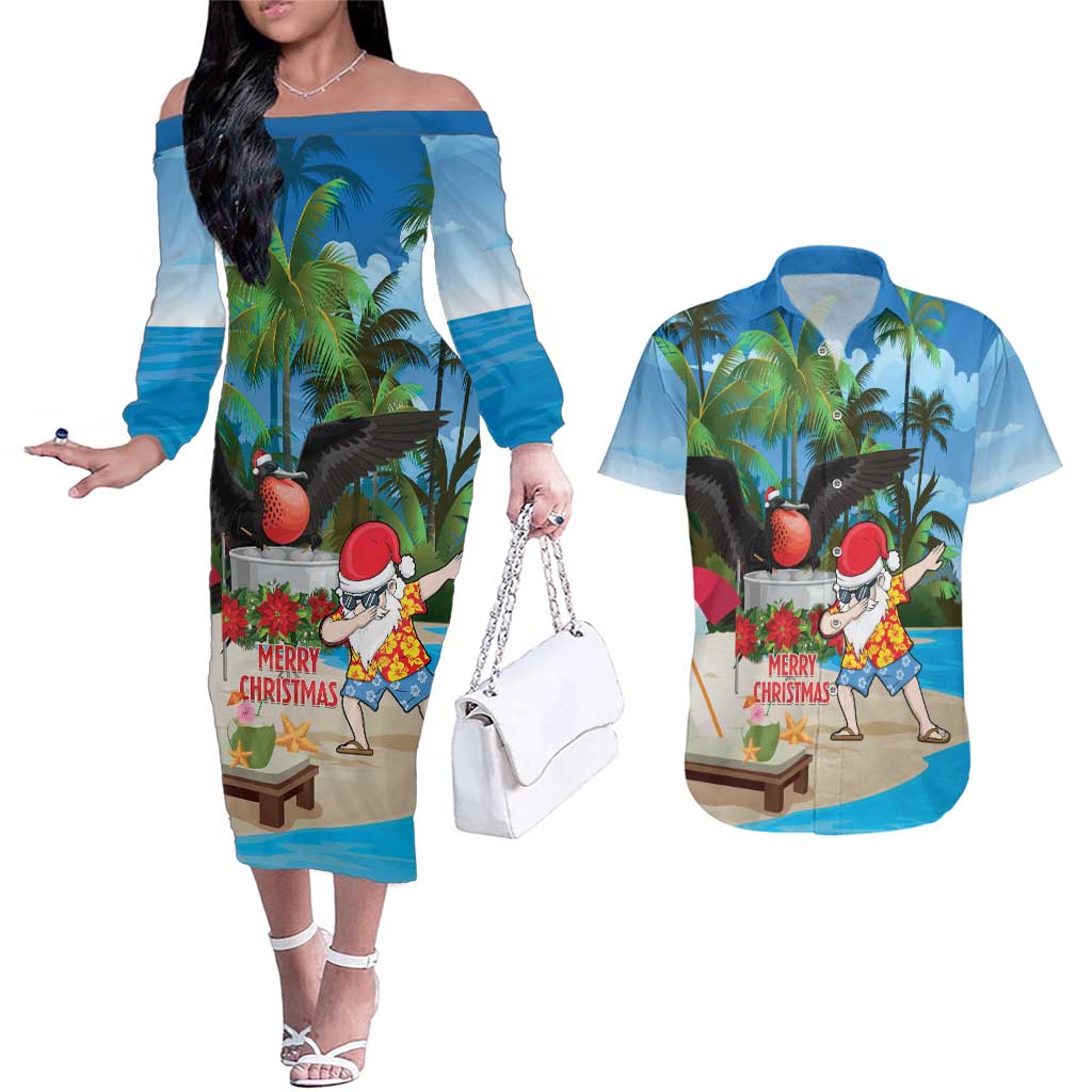 Antigua And Barbuda Christmas Couples Matching Off The Shoulder Long Sleeve Dress and Hawaiian Shirt Magnificent Frigatebird Dabbing Santa - Wonder Print Shop