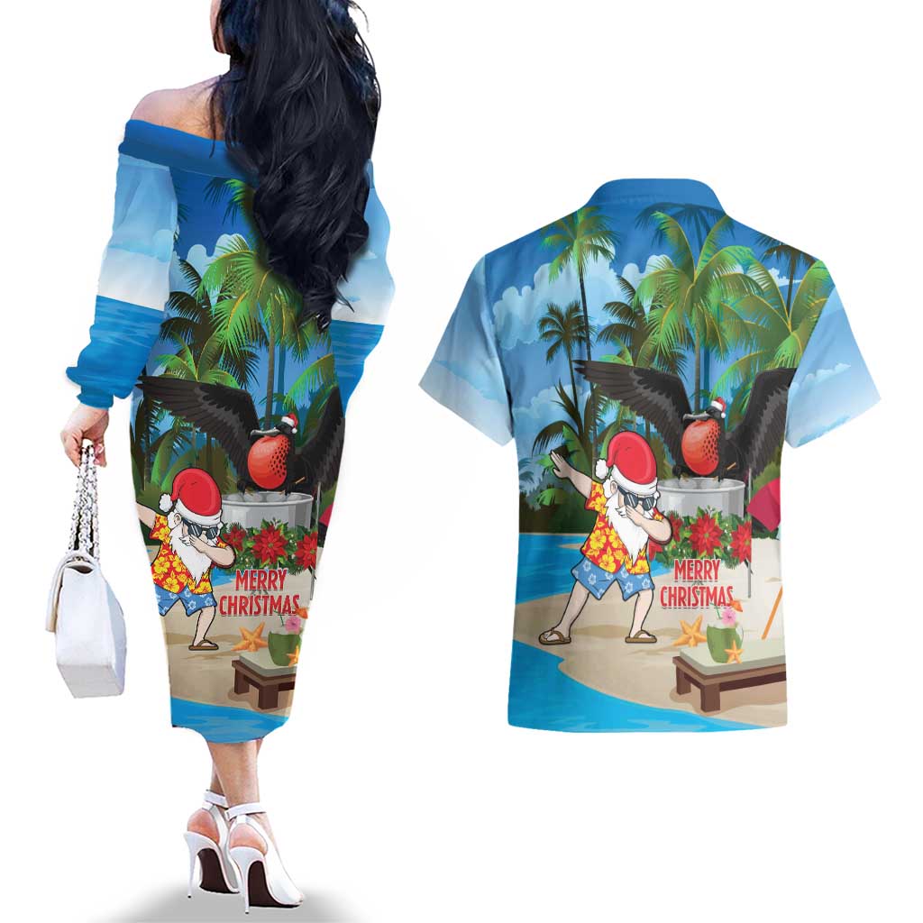 Antigua And Barbuda Christmas Couples Matching Off The Shoulder Long Sleeve Dress and Hawaiian Shirt Magnificent Frigatebird Dabbing Santa - Wonder Print Shop