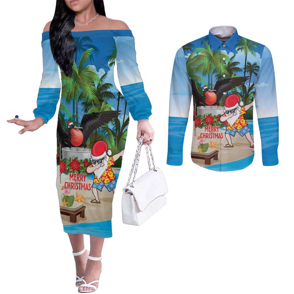 Antigua And Barbuda Christmas Couples Matching Off The Shoulder Long Sleeve Dress and Long Sleeve Button Shirt Magnificent Frigatebird Dabbing Santa - Wonder Print Shop