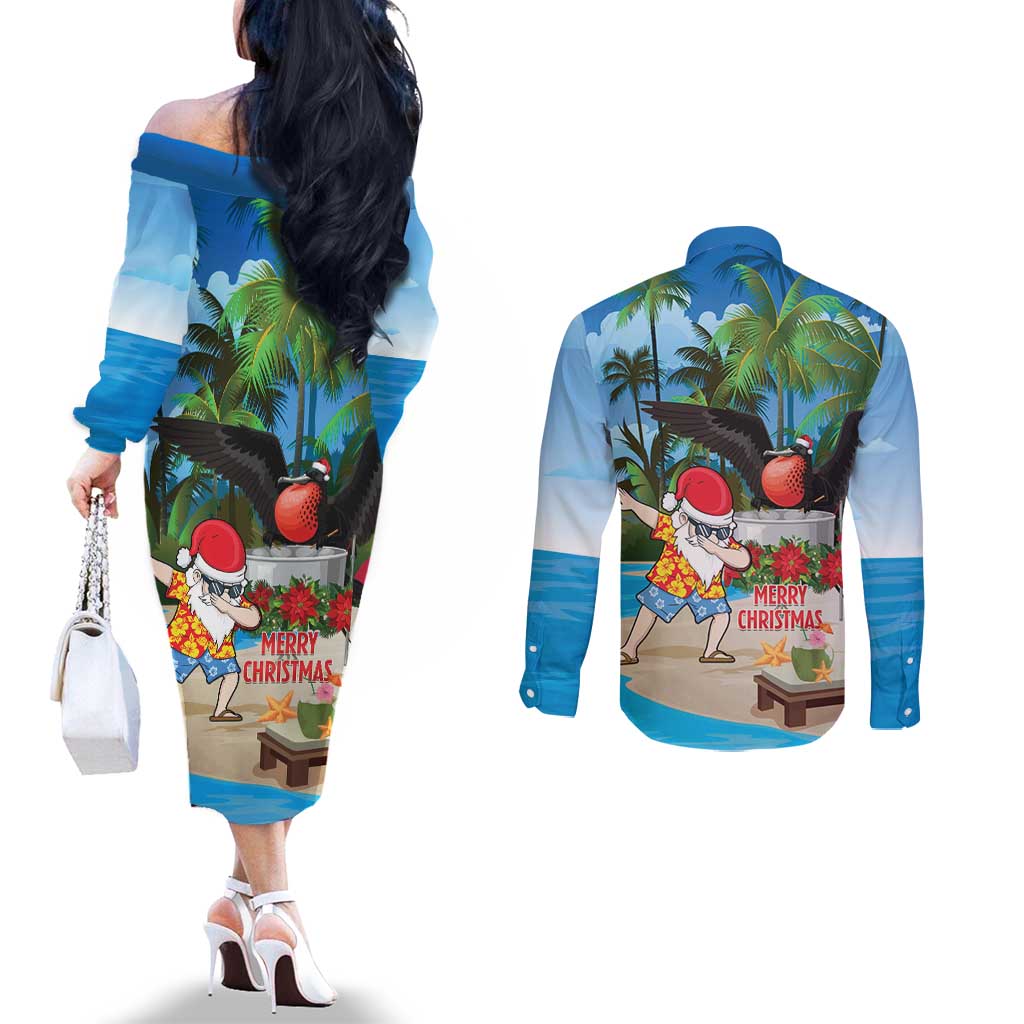 Antigua And Barbuda Christmas Couples Matching Off The Shoulder Long Sleeve Dress and Long Sleeve Button Shirt Magnificent Frigatebird Dabbing Santa - Wonder Print Shop