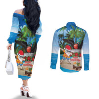 Antigua And Barbuda Christmas Couples Matching Off The Shoulder Long Sleeve Dress and Long Sleeve Button Shirt Magnificent Frigatebird Dabbing Santa - Wonder Print Shop