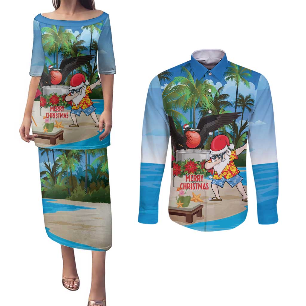 Antigua And Barbuda Christmas Couples Matching Puletasi and Long Sleeve Button Shirt Magnificent Frigatebird Dabbing Santa - Wonder Print Shop