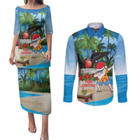 Antigua And Barbuda Christmas Couples Matching Puletasi and Long Sleeve Button Shirt Magnificent Frigatebird Dabbing Santa - Wonder Print Shop