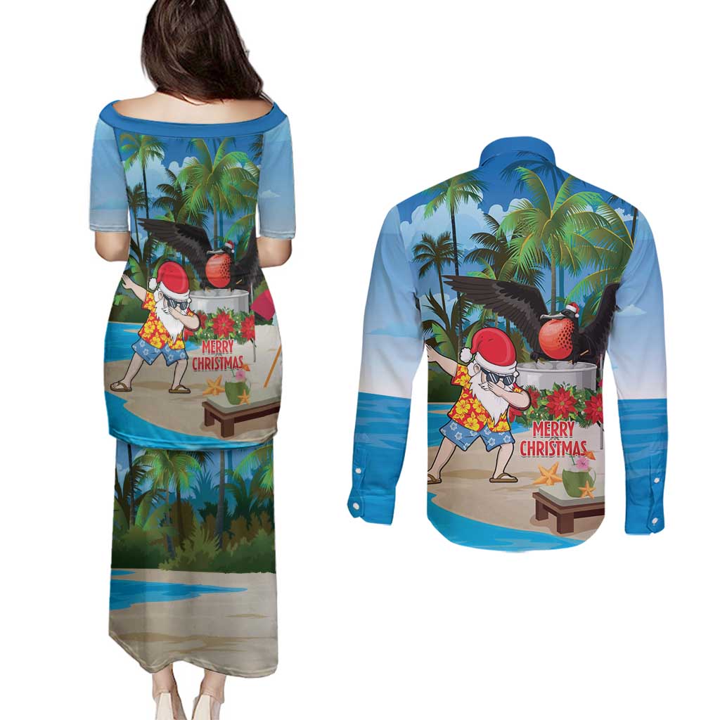 Antigua And Barbuda Christmas Couples Matching Puletasi and Long Sleeve Button Shirt Magnificent Frigatebird Dabbing Santa - Wonder Print Shop
