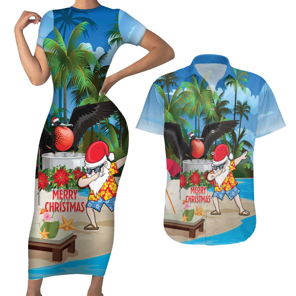 Antigua And Barbuda Christmas Couples Matching Short Sleeve Bodycon Dress and Hawaiian Shirt Magnificent Frigatebird Dabbing Santa - Wonder Print Shop