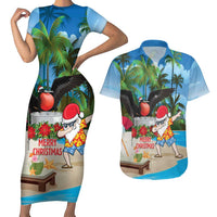 Antigua And Barbuda Christmas Couples Matching Short Sleeve Bodycon Dress and Hawaiian Shirt Magnificent Frigatebird Dabbing Santa - Wonder Print Shop