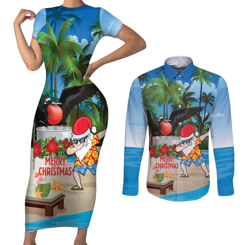 Antigua And Barbuda Christmas Couples Matching Short Sleeve Bodycon Dress and Long Sleeve Button Shirt Magnificent Frigatebird Dabbing Santa - Wonder Print Shop