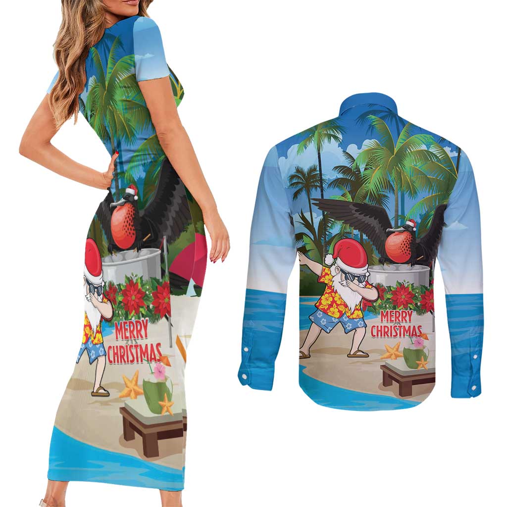 Antigua And Barbuda Christmas Couples Matching Short Sleeve Bodycon Dress and Long Sleeve Button Shirt Magnificent Frigatebird Dabbing Santa - Wonder Print Shop