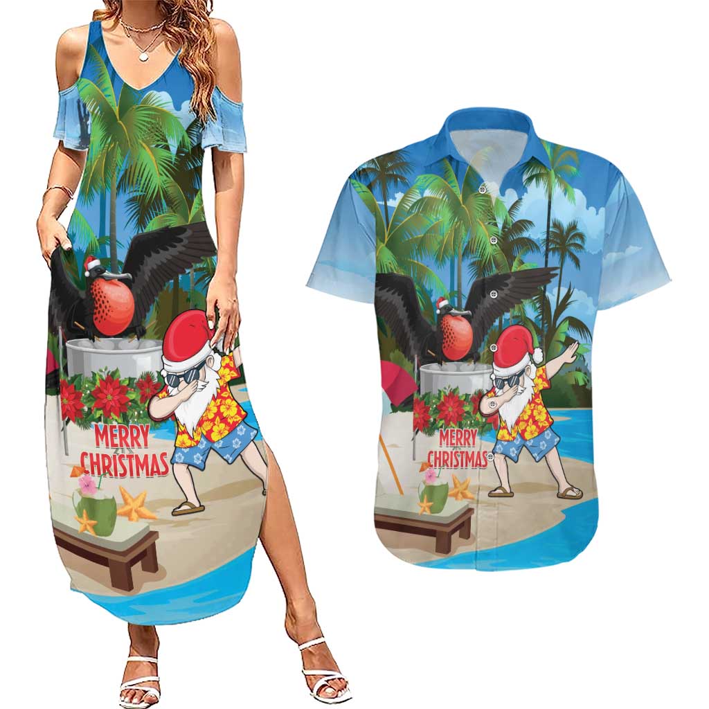 Antigua And Barbuda Christmas Couples Matching Summer Maxi Dress and Hawaiian Shirt Magnificent Frigatebird Dabbing Santa - Wonder Print Shop