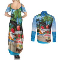 Antigua And Barbuda Christmas Couples Matching Summer Maxi Dress and Long Sleeve Button Shirt Magnificent Frigatebird Dabbing Santa - Wonder Print Shop