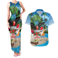 Antigua And Barbuda Christmas Couples Matching Tank Maxi Dress and Hawaiian Shirt Magnificent Frigatebird Dabbing Santa - Wonder Print Shop