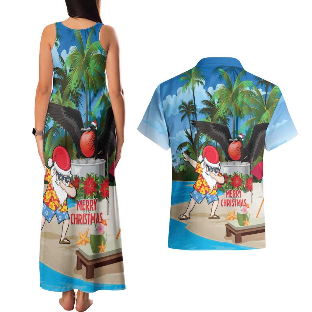 Antigua And Barbuda Christmas Couples Matching Tank Maxi Dress and Hawaiian Shirt Magnificent Frigatebird Dabbing Santa - Wonder Print Shop