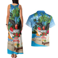 Antigua And Barbuda Christmas Couples Matching Tank Maxi Dress and Hawaiian Shirt Magnificent Frigatebird Dabbing Santa - Wonder Print Shop