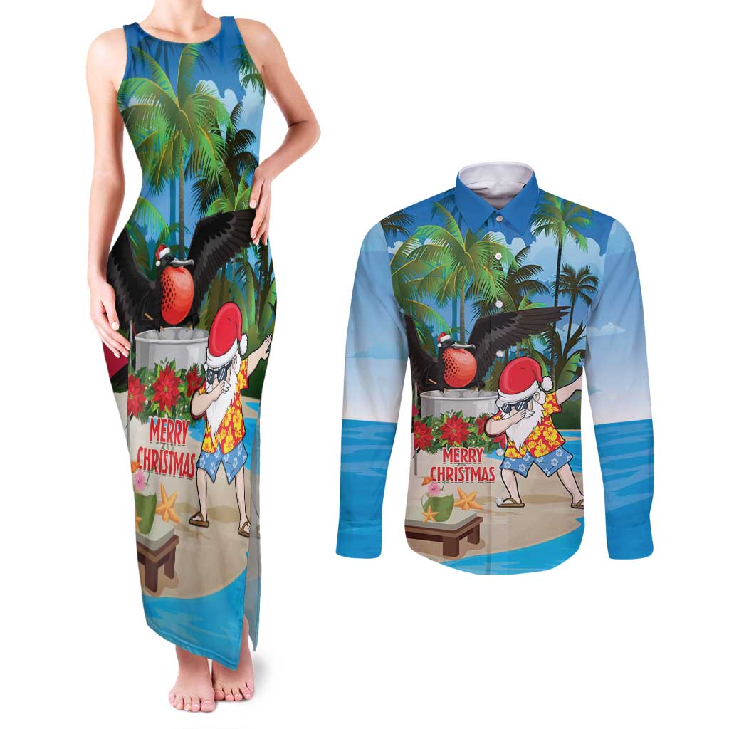 Antigua And Barbuda Christmas Couples Matching Tank Maxi Dress and Long Sleeve Button Shirt Magnificent Frigatebird Dabbing Santa - Wonder Print Shop